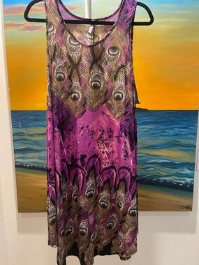 Peacock Feather Print Sleeveless Dress in Purple and Brown